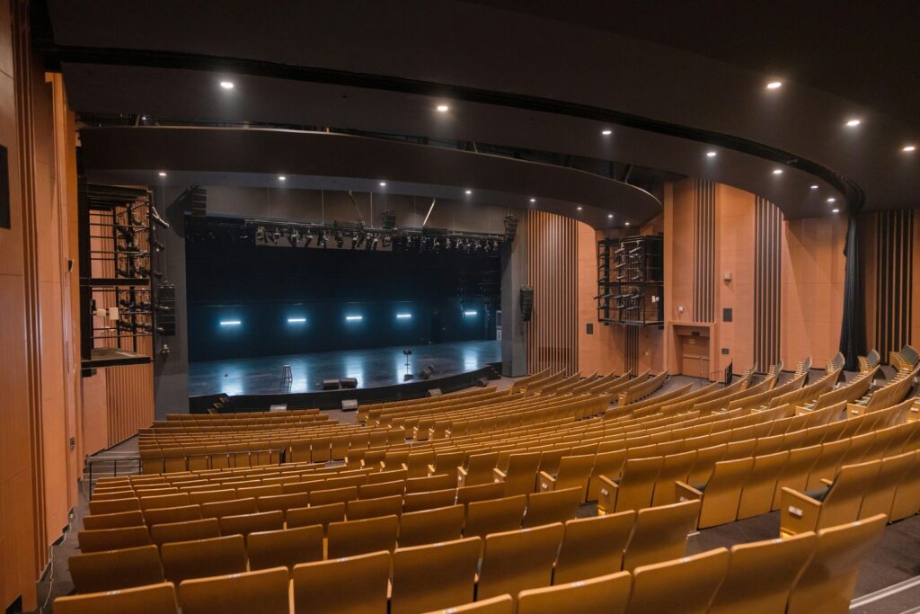 Business Advisor 2 Auditorio vacío con la estructura de luces sobre un escenario a oscuras, planificación de giras