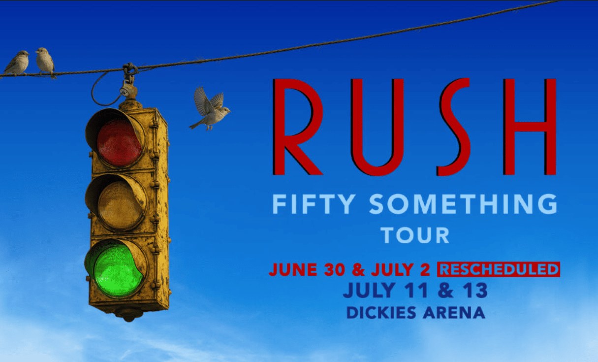 Rush Fifty Something Tour 2026 poster with the rescheduled Fort Worth dates