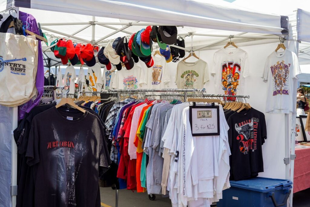 Business Advisor 1 Concert merchandise stand with band t-shirts and caps at a market